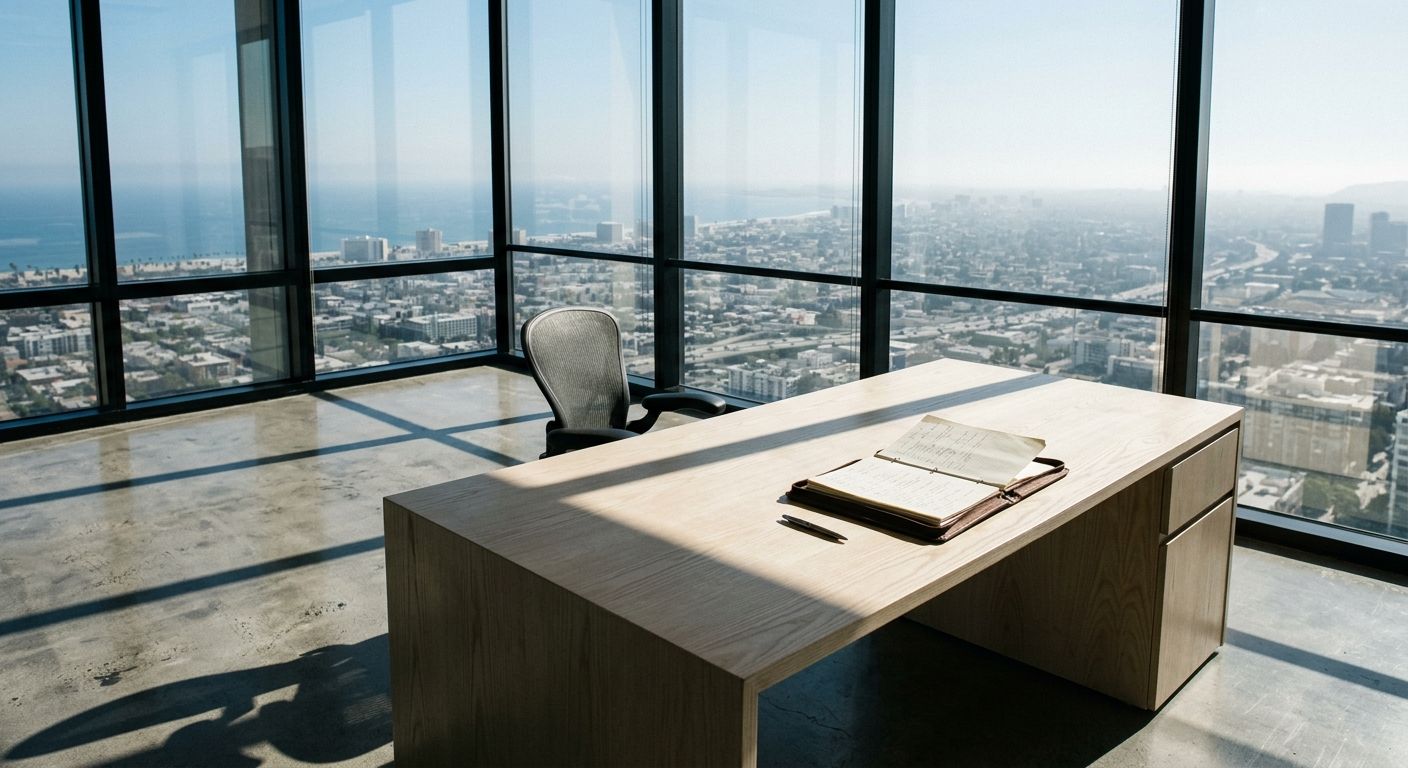 Empty California executive desk bathed in harsh midday light, leather portfolio and pen awaiting a pivotal business sale decision