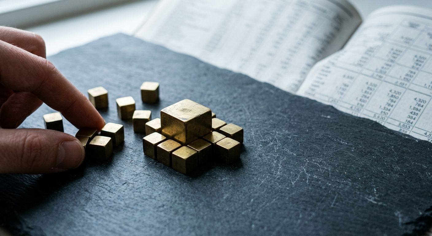 A hand arranging brass cubes on a slate desk beside printed financial tables, as an owner weighs M&A advisory firms