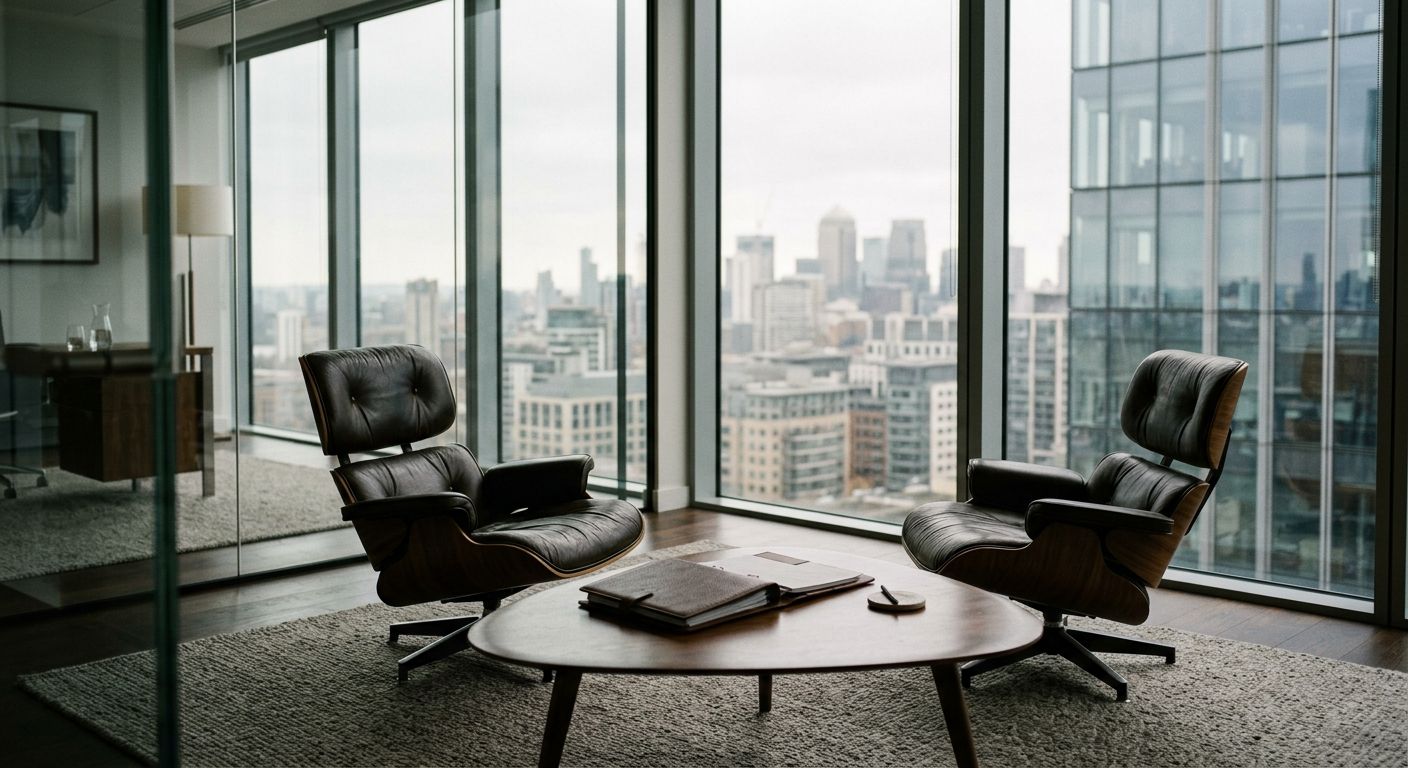 Two leather chairs face each other across a walnut table in a high-floor corner office, afternoon light casting shadows over a closed portfolio