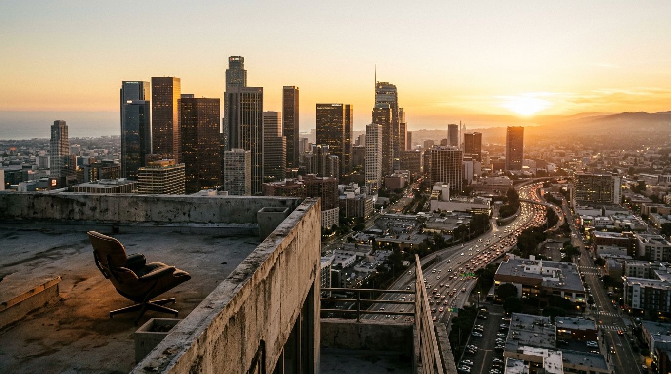 Downtown Los Angeles skyline at golden hour with financial towers bathed in amber light and Pacific haze, viewed from a rooftop terrace