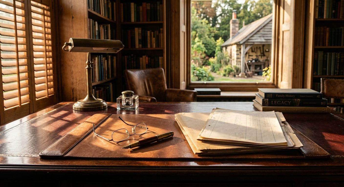 Golden-hour light strikes a study desk with folders and a fountain pen, evoking a business owner quietly weighing exit planning decisions