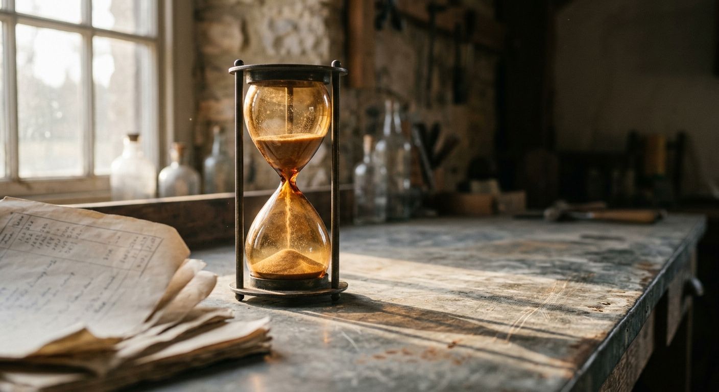 Hourglass with falling sand on a zinc tabletop beside blurred financial documents, symbolizing the urgency of selling a failing business in time