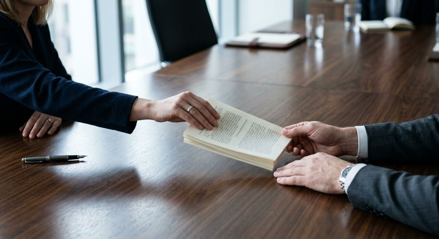 Two hands exchange a business document across a polished conference table in a deliberate handoff symbolizing a formal agreement