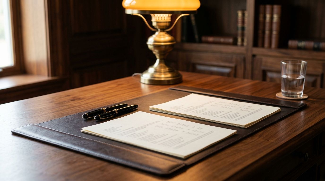 Two identical pens beside diverging document stacks on a walnut desk, evoking the weighty tax implications of selling a business in 2026