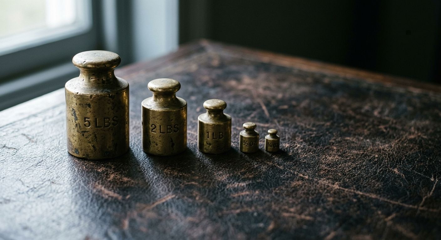Brass balance scale weights arranged unevenly on worn leather surface, symbolizing the complex tax calculations and weighting of consequences in business …