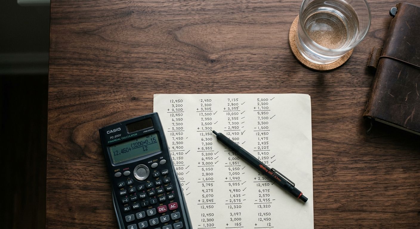 Financial calculator and handwritten cash flow figures on desk with mechanical pencil during valuation analysis