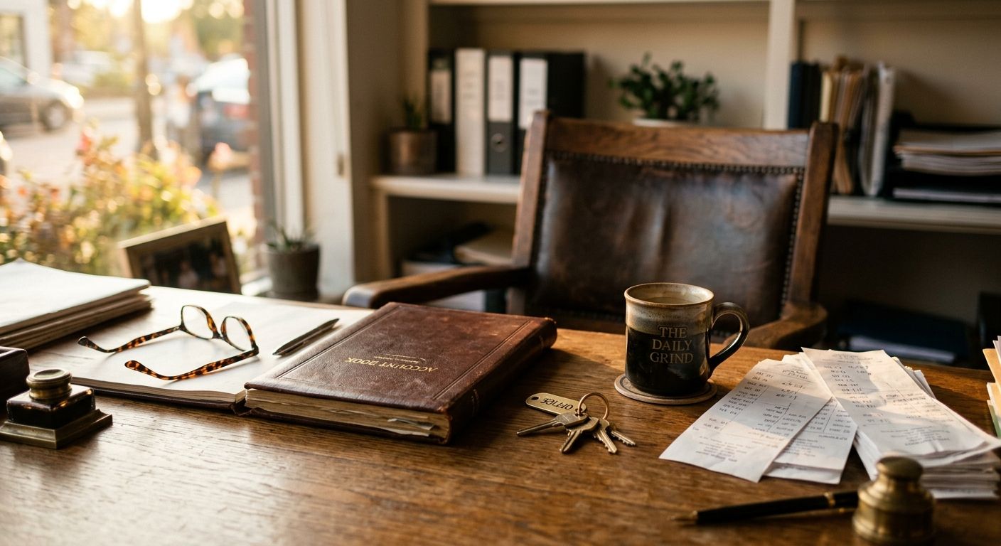 Owner's desk with ledger, glasses, and receipts bathed in warm afternoon light, evoking the hands-on reality behind SDE meaning