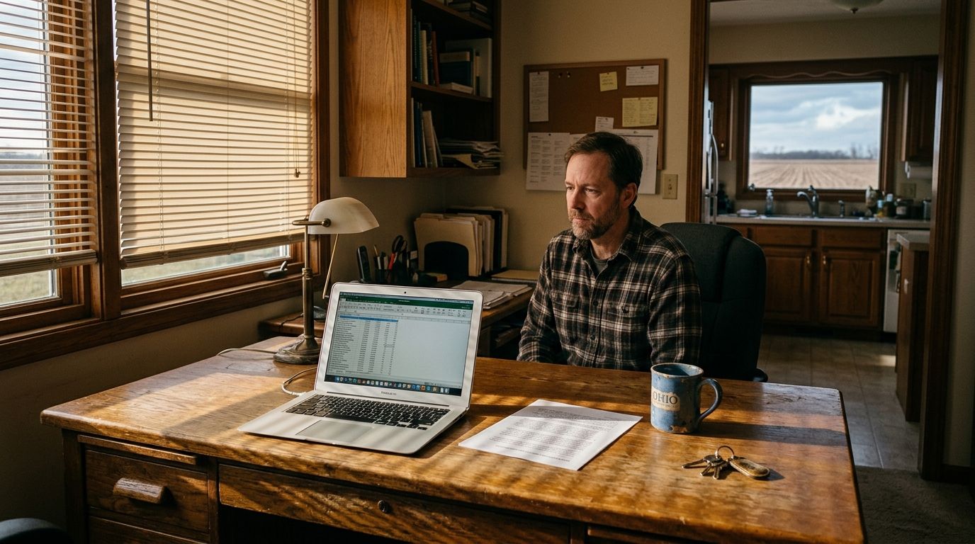 A home office desk with laptop and financial documents bathed in afternoon light, symbolizing the quiet moment of business valuation and financial …