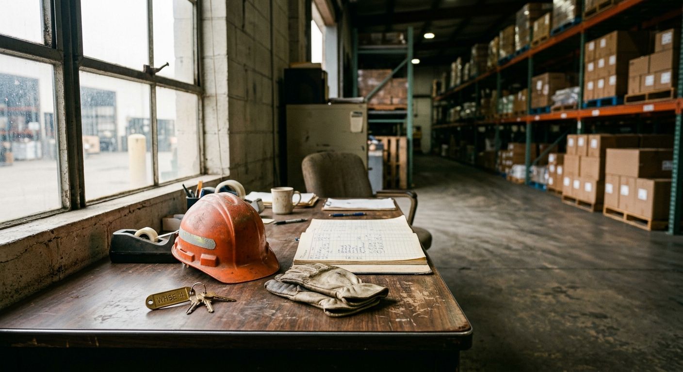 Keys, hard hat, and ledger on a warehouse desk symbolize an owner weighing how to sell a company built over decades