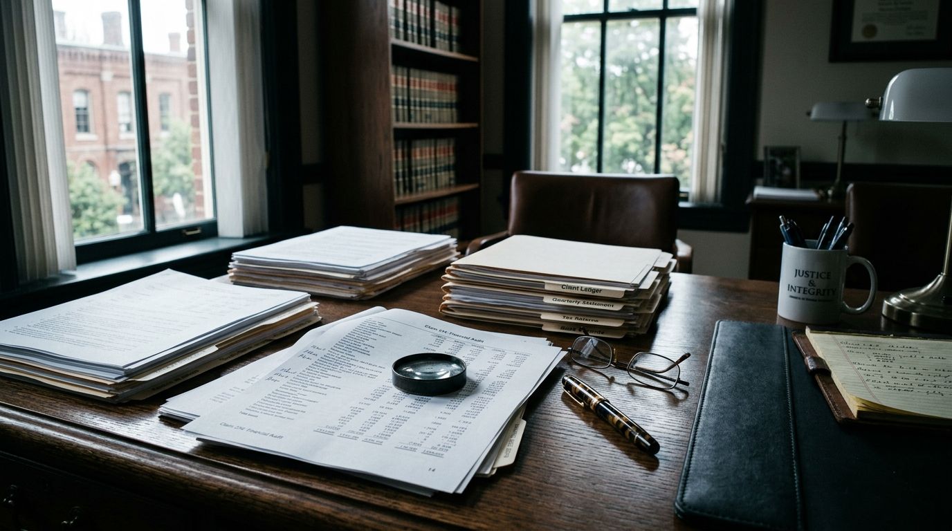 Fanned financial documents with a magnifying loupe and fountain pen on an attorney's desk, evoking the careful scrutiny of the due diligence process