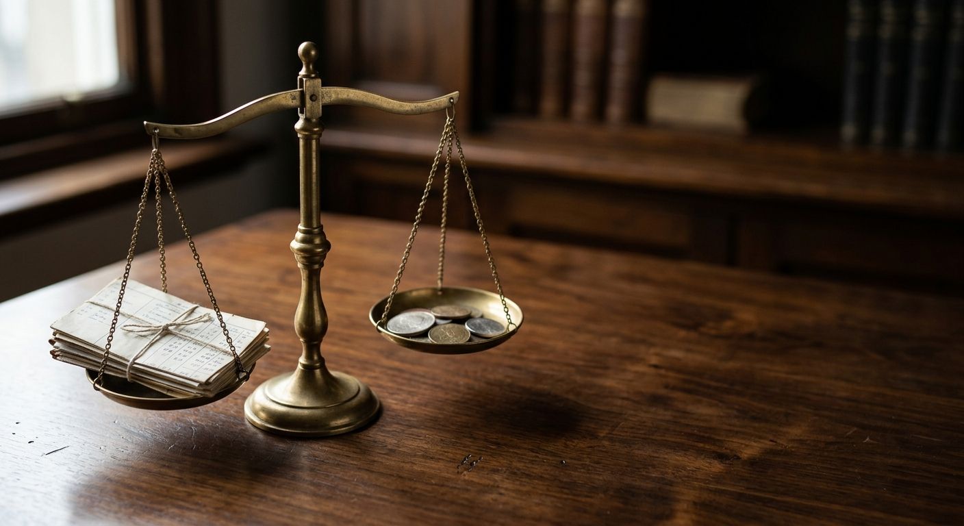 Brass balance scale weighing paper ledgers against coins on a walnut desk, symbolizing how change in net working capital shifts deal value
