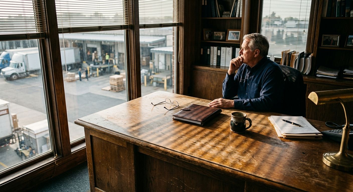Weathered oak desk in corner office with reading glasses and leather portfolio, afternoon light casting shadows across worn surface symbolizing a lifetime …