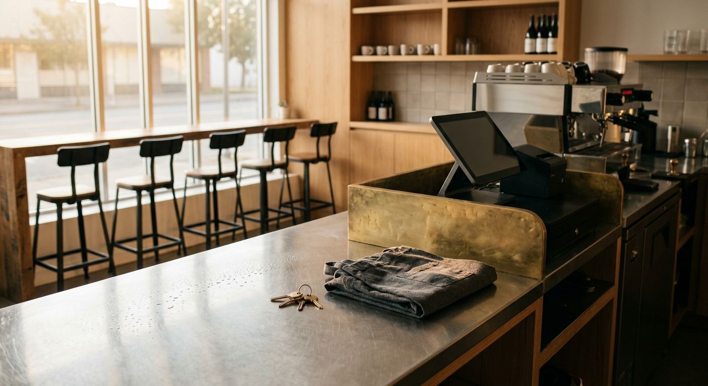 Morning light on a quiet quick-service counter with keys and a folded apron, evoking the handoff moment when weighing a franchise for resale