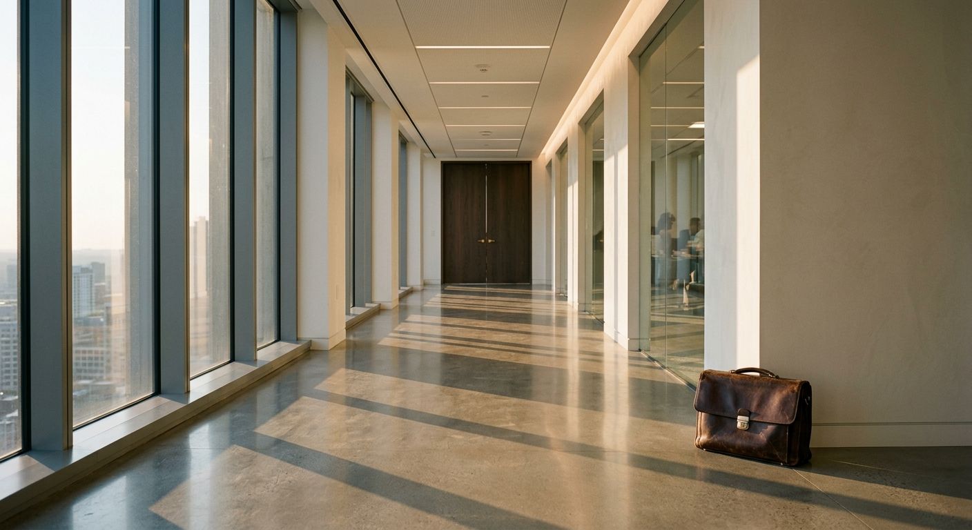 Long minimalist office corridor with afternoon light casting shadows across polished floor, worn briefcase against wall, closed doors in distance …