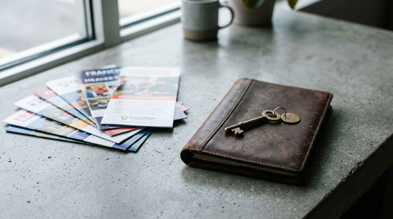 Blurred franchise brochures beside a sharply focused brass key on leather, symbolizing the choice to weigh before joining a franchise brokers association