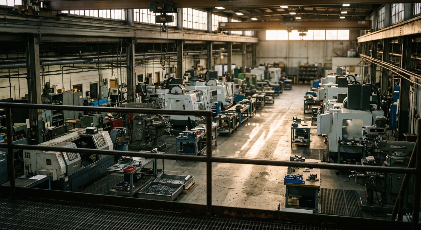 Mid-scale machine shop floor with CNC equipment arranged in orderly rows, viewed from elevated mezzanine under afternoon industrial light casting long …