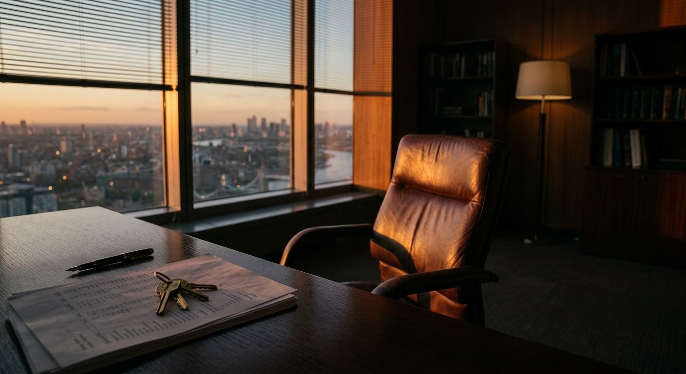 Empty executive office at dusk with brass keys on a desk, symbolizing a business owner's exit strategy and planned transition