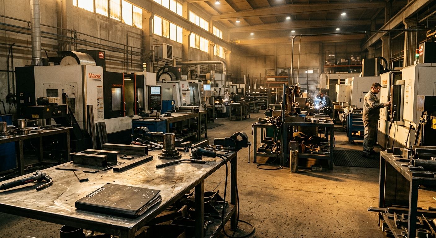 Metal fabrication shop floor with CNC machinery and stainless steel workbench representing tangible assets in capital-intensive manufacturing operation