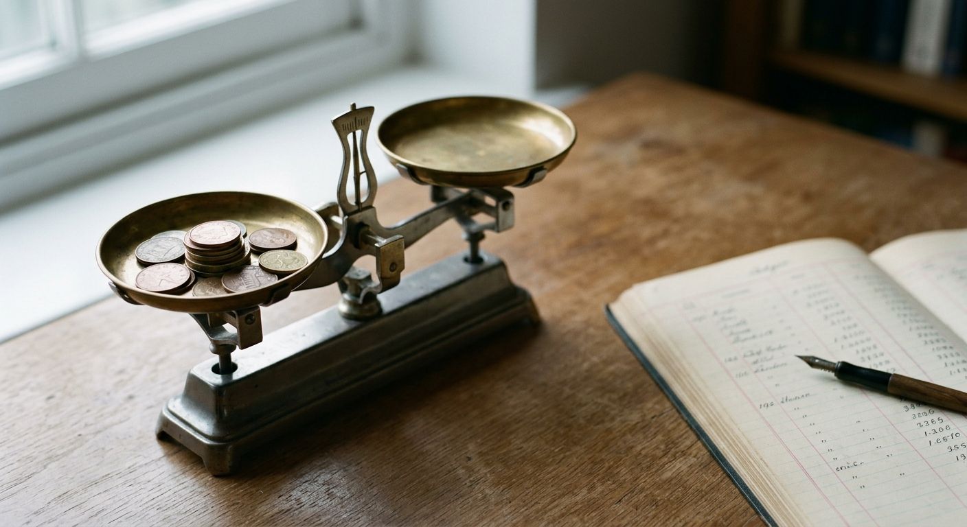 Vintage balance scale weighted with coins on an accountant's desk, symbolizing how a revenue multiple weighs business value against reality