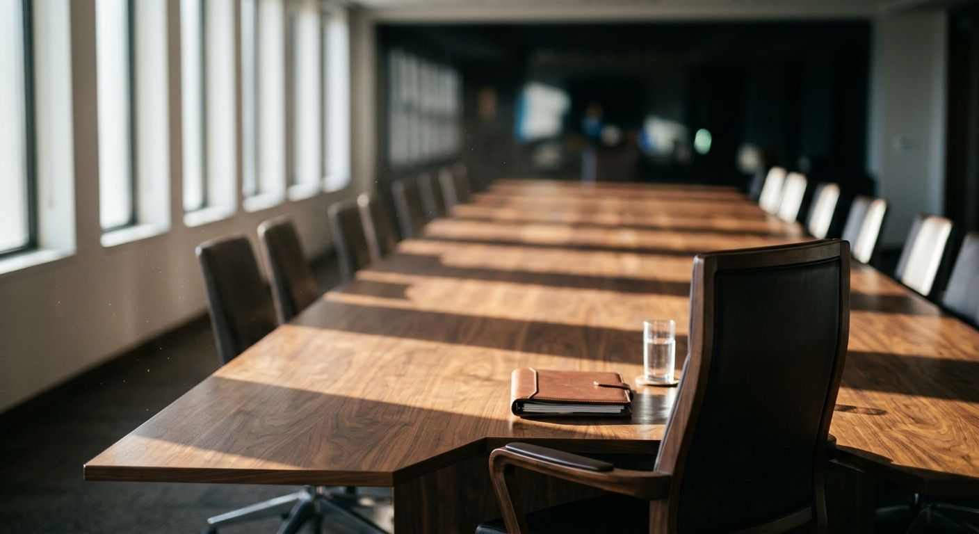 Empty executive chair at conference table with closed portfolio, symbolizing the vulnerability of owner-dependent businesses facing transition