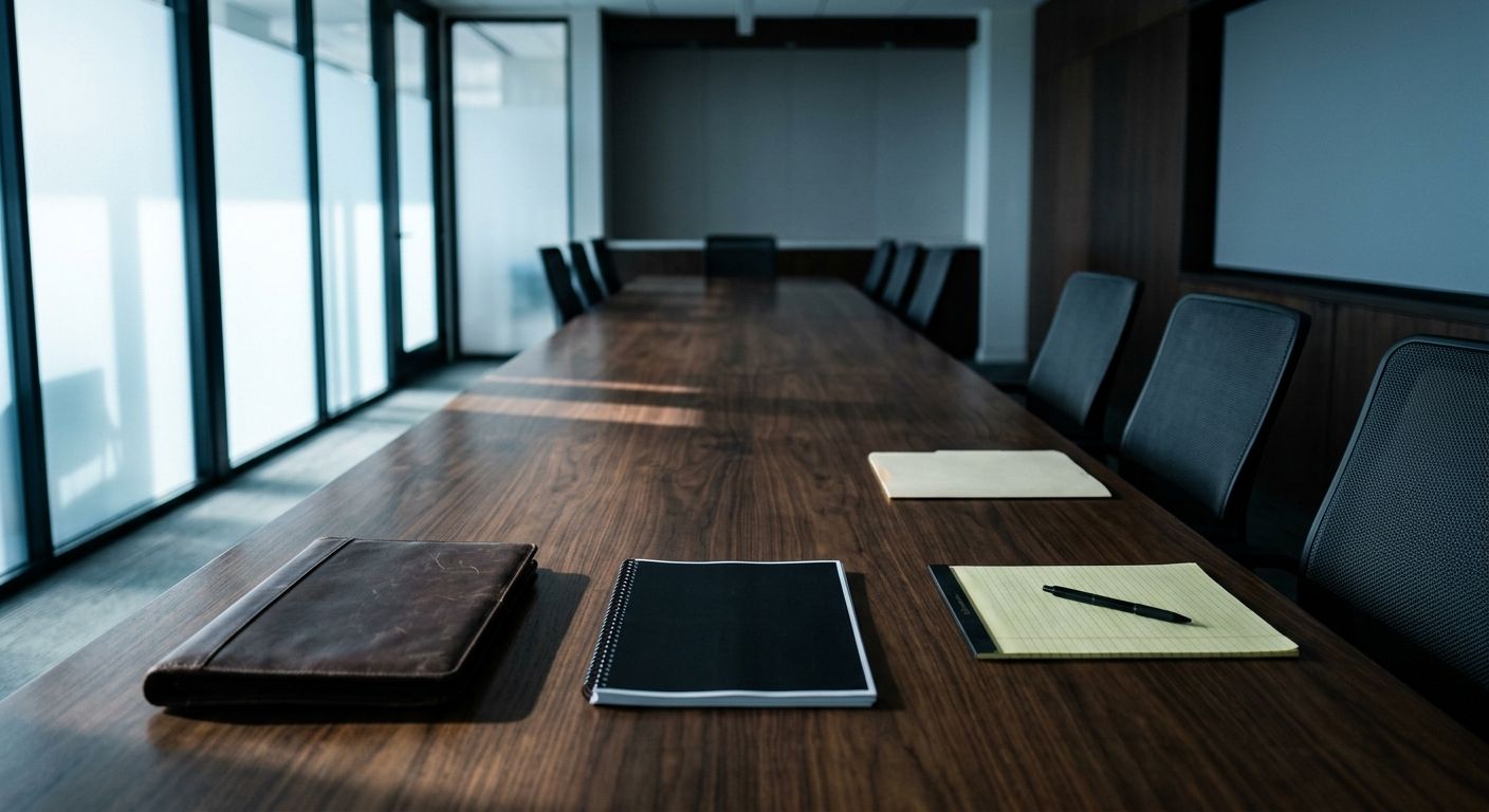 Four distinct buyer proposals laid out at a conference table, each represented by different materials, awaiting evaluation under deliberate northern light