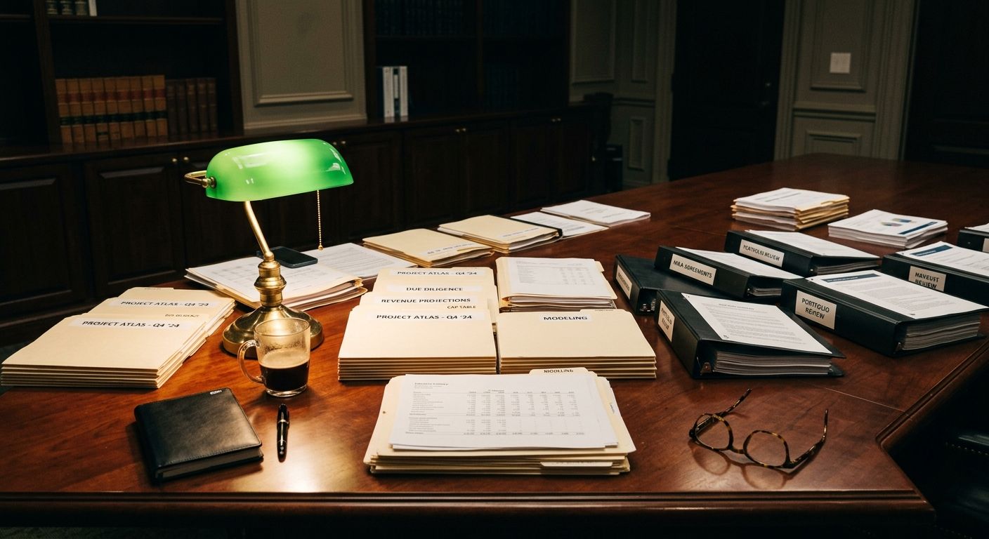 Organized documents and files arranged on a mahogany table under warm lamp light, symbolizing thorough preparation for due diligence review