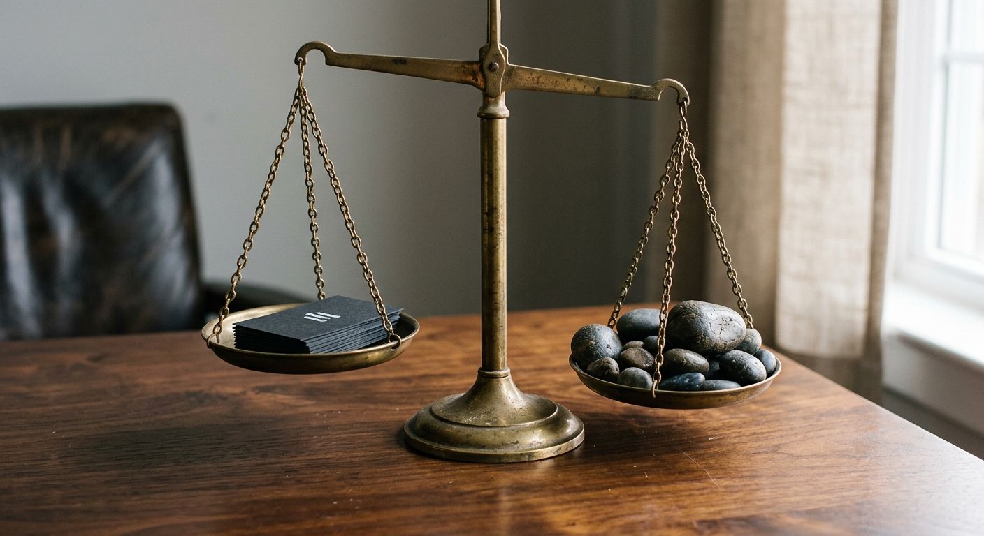 Weathered brass scale on dark walnut desk balancing business cards against river stones, symbolizing the growing weight of a firm sale decision