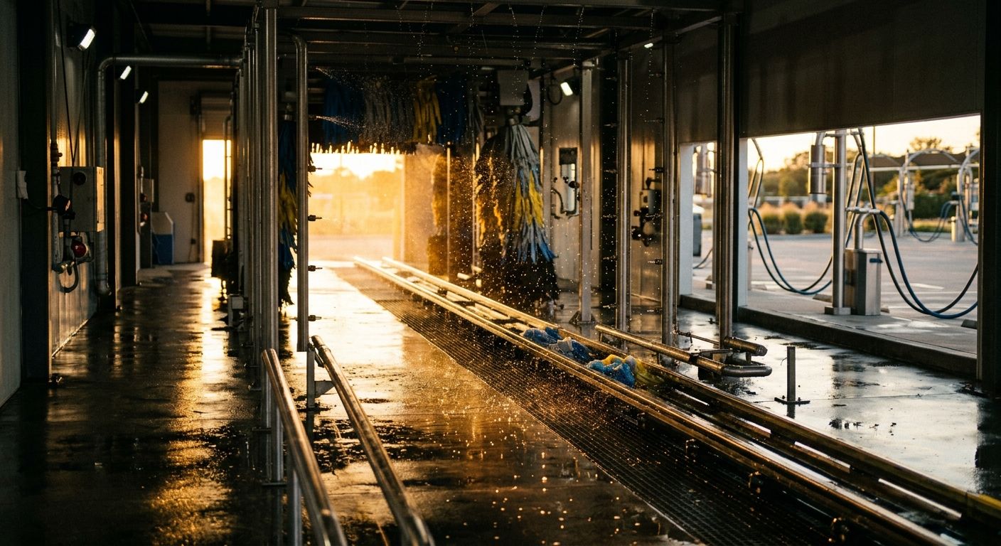 Golden-hour light rakes through an empty car wash tunnel, its polished rails and wet floor reflecting the operational quality that shapes car wash value