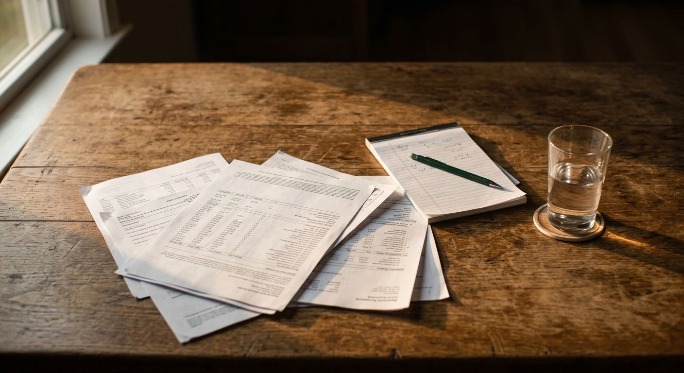 Worn oak desk scattered with financial documents, pencil, and notepad bathed in warm window light, capturing the solitary work of valuing a business