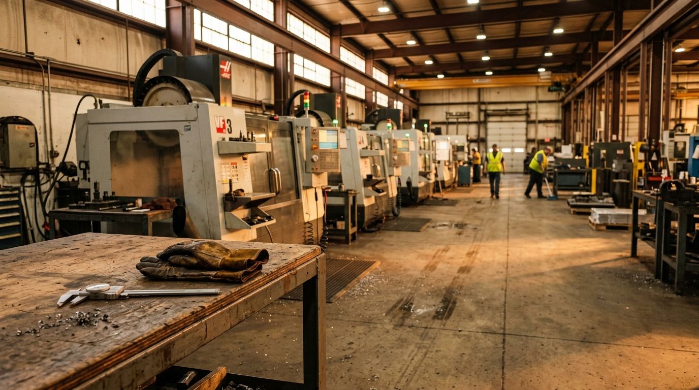 Manufacturing floor with idle CNC machines during shift change, work gloves and precision tools on steel workbench symbolizing a business at a crossroads