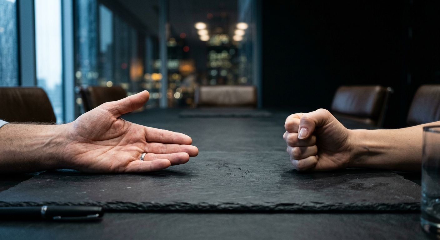 Two hands in contrasting positions on a dark conference table illustrate the uncertainty and contingency inherent in earnout payment structures