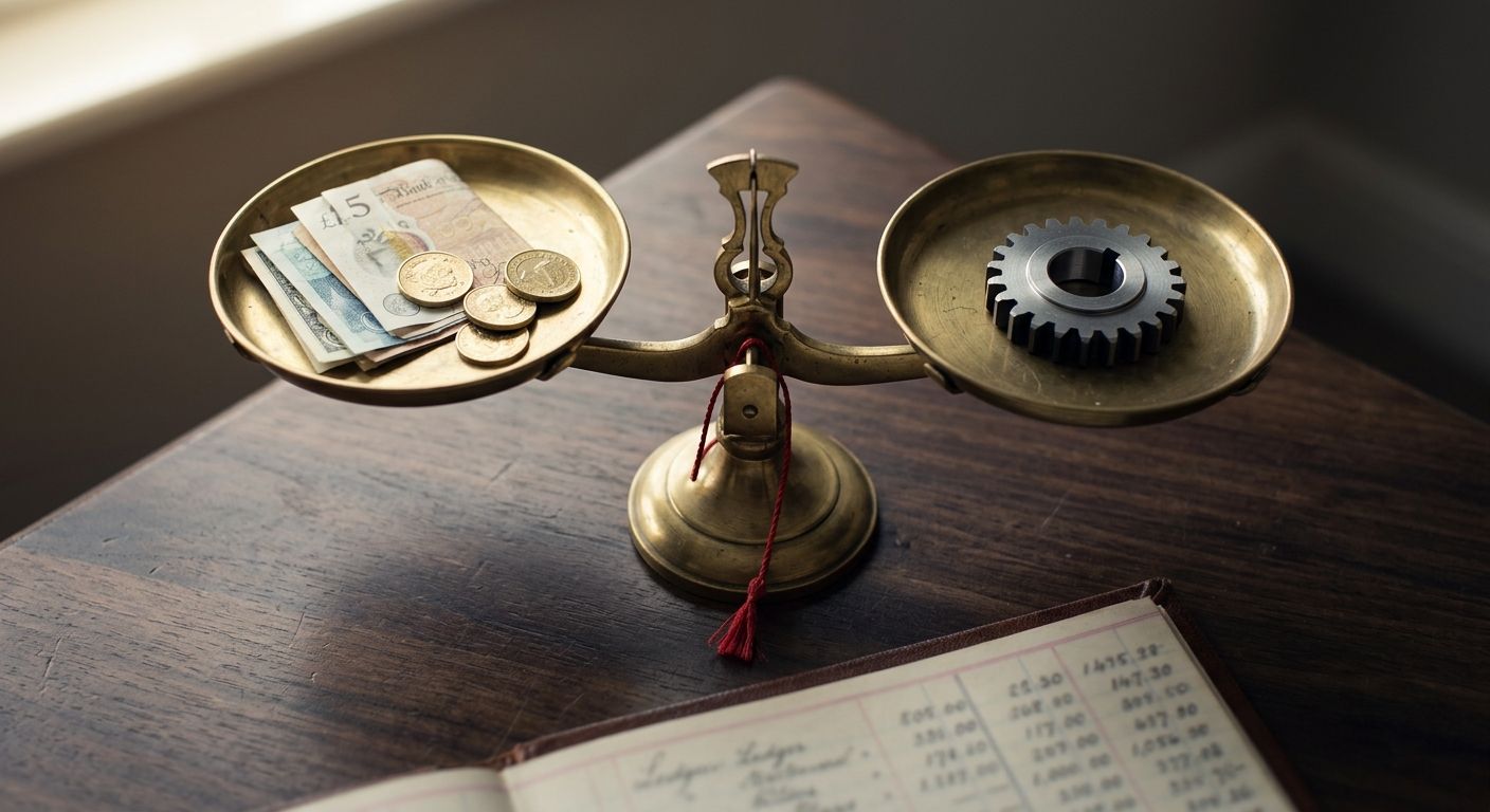 Brass balance scale weighs currency against a steel gear, symbolizing the operational and financial factors that shape an EBITDA multiple