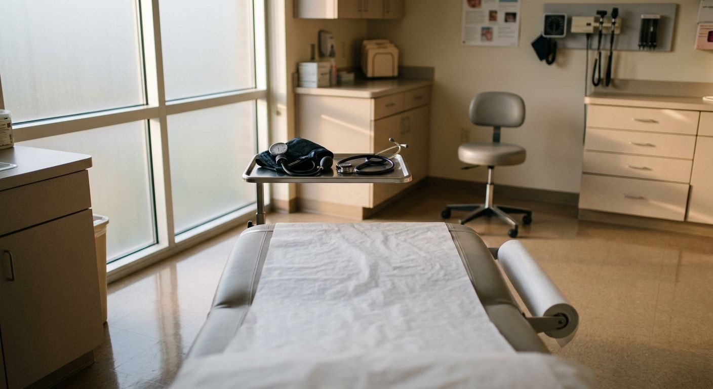 A well-appointed medical examination room bathed in soft afternoon light, with an empty exam table and organized instrument tray conveying the operational …
