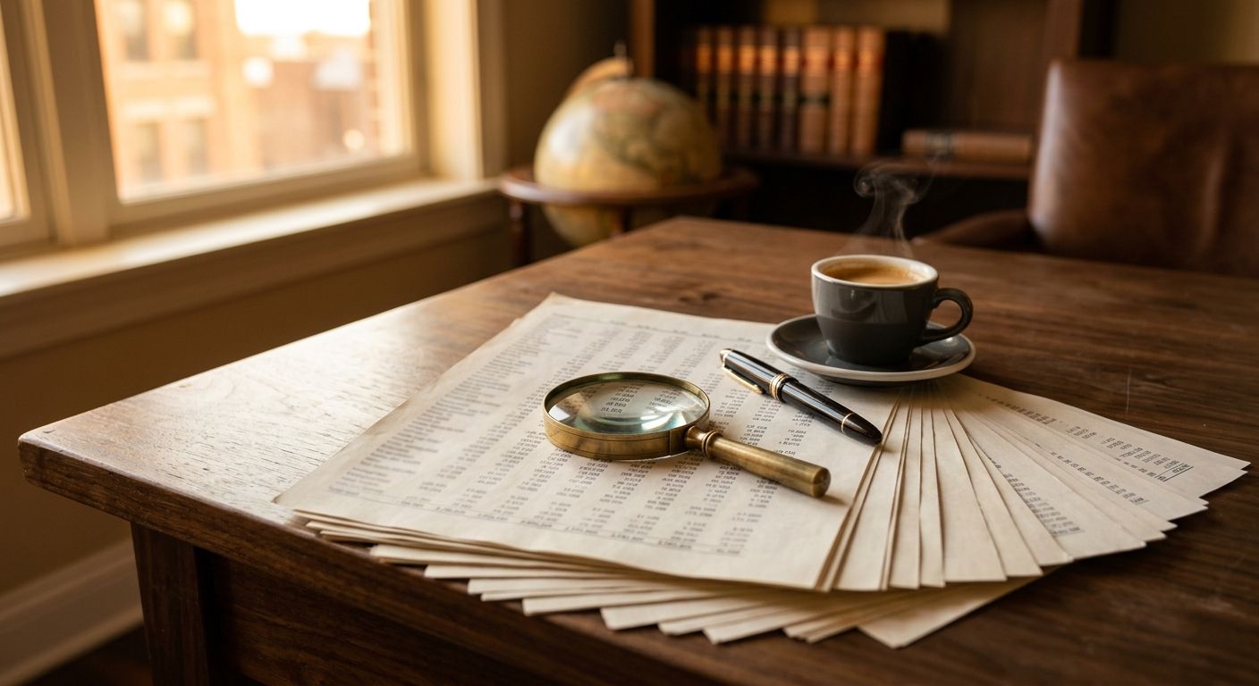 A magnifying loupe and fountain pen rest atop fanned financial printouts on a partner's desk, evoking the close scrutiny of a quality of earnings review