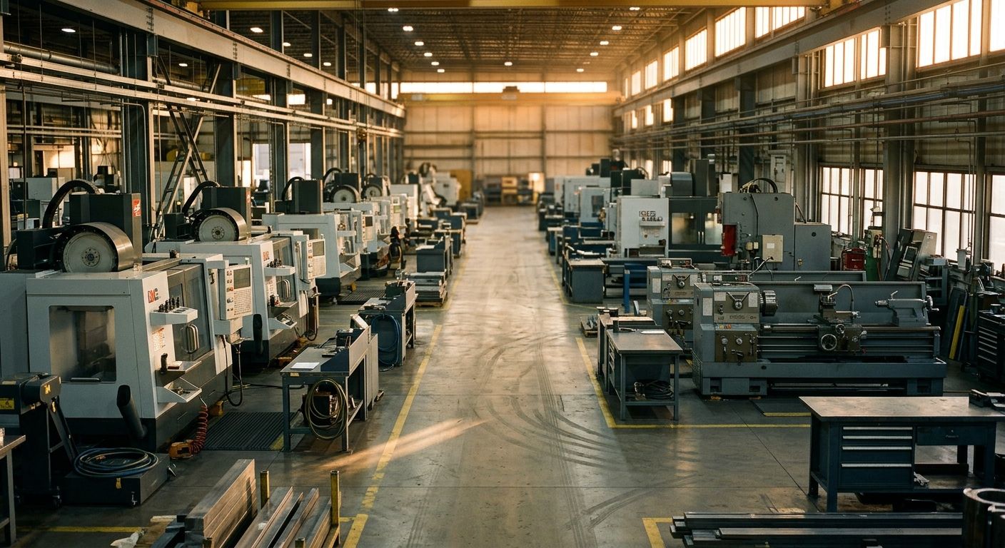 Factory floor with CNC machines and steel workbenches bathed in golden afternoon light, conveying operational excellence and readiness for transition