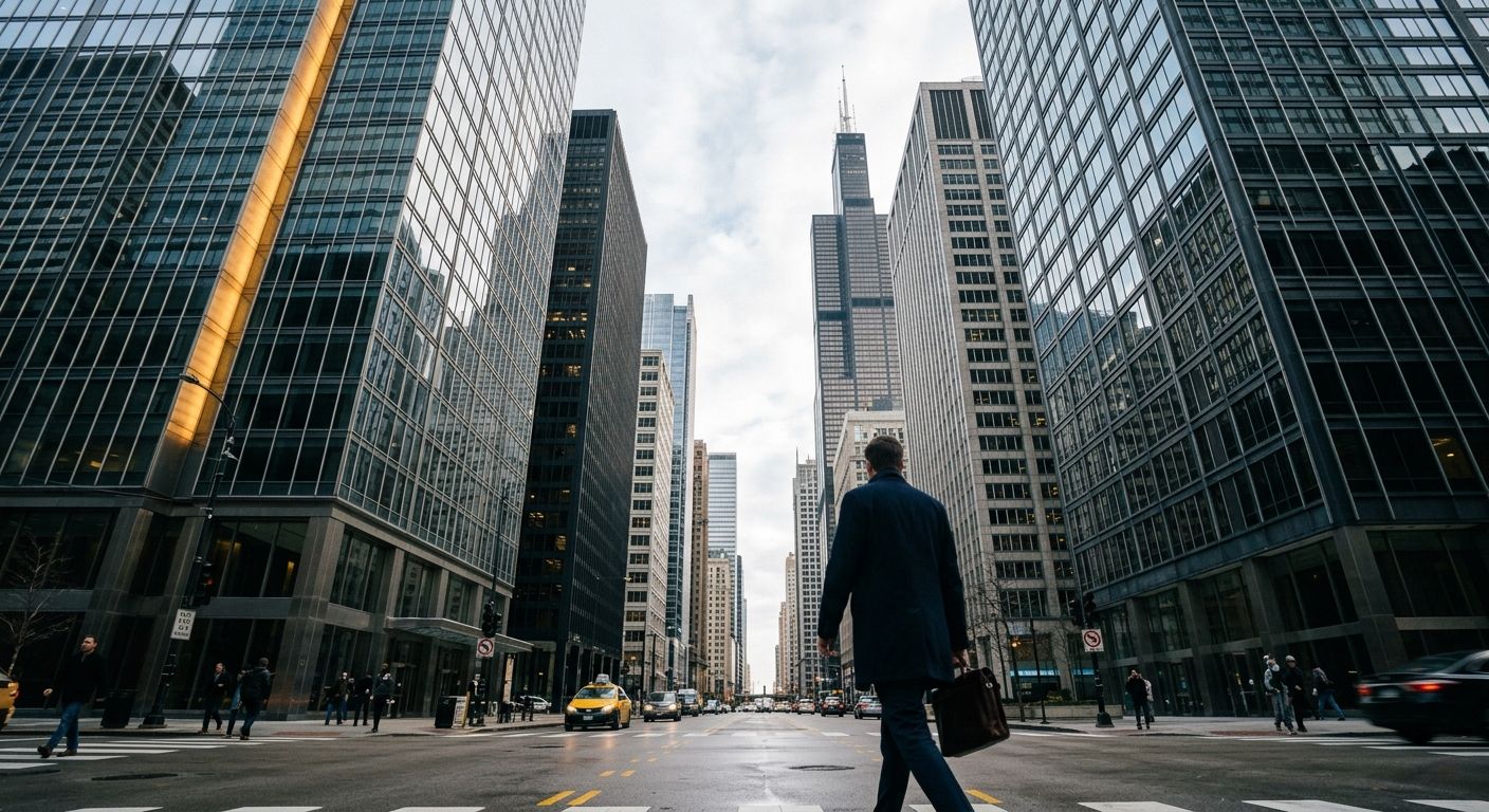Towering glass and steel facades of Chicago's financial district converge toward pale sky, with a solitary figure in dark coat crossing the street below