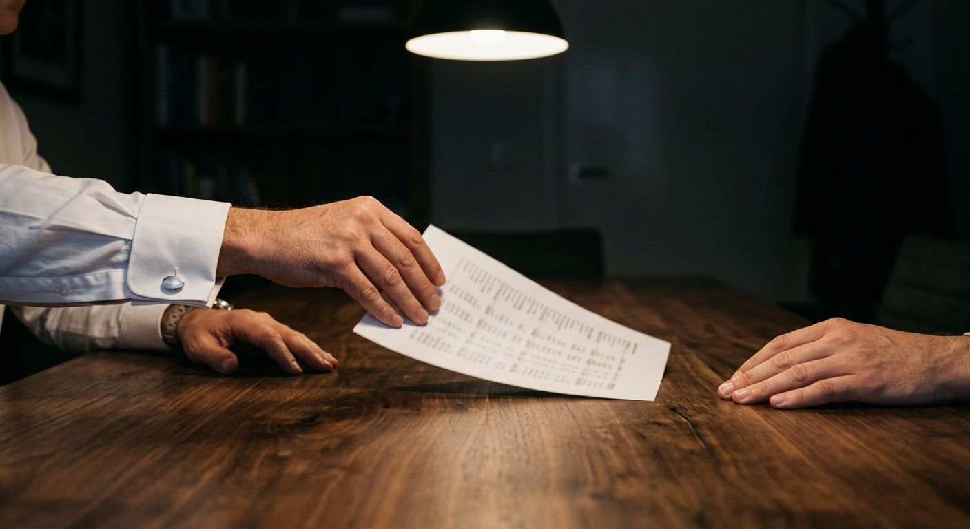 Business valuation negotiation with financial documents exchanged across a dark table, symbolizing the critical moment when EBITDA multiples determine deal …