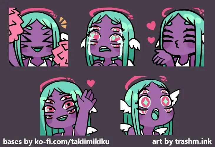 A collection of emotes for a purple skinned, teal haired angel character. They have three sets of pink eyes, and a shattered pink halo. Two sets of wings are visible; one set behind their ears, and another from their back.