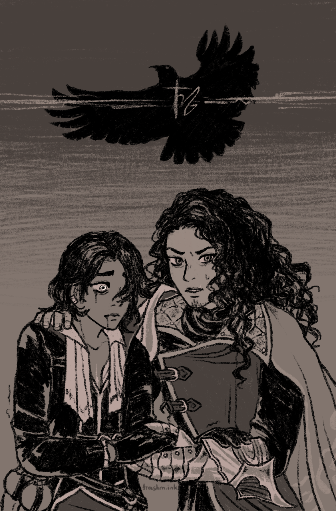 A grayscale drawing of Occtis and Julien from Critical Role. Occtis looks unwell, wide eyed as he leans with both hands on Julien's gauntlet. The front of his shirt is disheveled and partially open, exposing the top of his scar. Julien has one arm around Occtis' shoulder, staring forward with an intense expression. In the background, there is a hawk representation of Hannan being struck by a spell.
