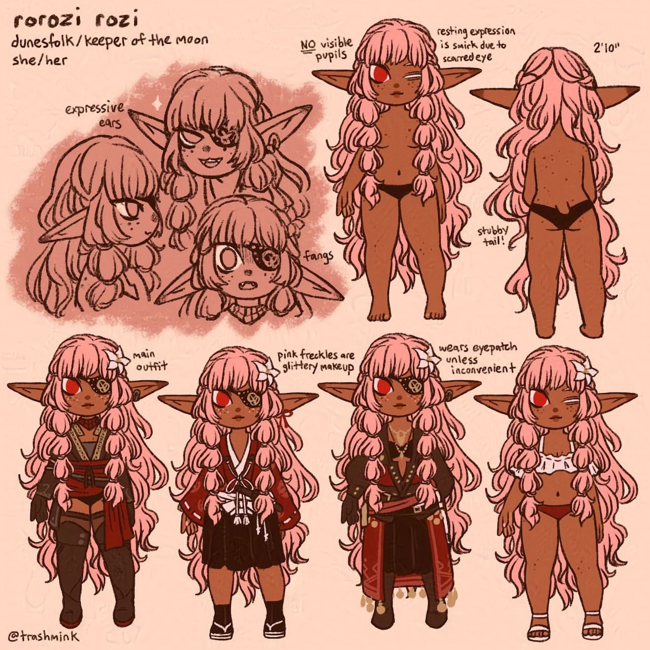 Reference sheet for an FFXIV character. Her name is Rorozi Rozi. She's half Dunesfolk and half Keeper of the Moon. She's 2 feet 10 inches, and has fangs and a stubby tail from her miqo'te heritage. Her signature dunesfolk eyes have no visible pupils, and one eye is scarred and permanently squinted. Her resting expression is a permanent smirk due to this. She has dark skin and freckles; her good eye is magenta, and the bad one is cloudy white. The sheet depicts various outfits, including an eyepatch that she typically wears.