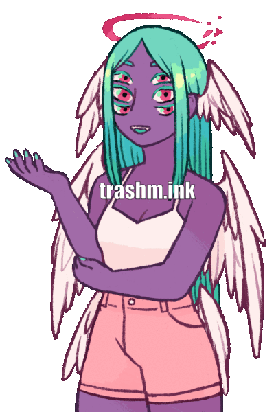 An animated gif of an angel character. They have purple skin, long turquoise hair, and three pairs of pink eyes. The inside of their mouth is turquoise and they have fangs. They have three pairs of white, feathery wings, and a shattered pink halo with floating fragments. They are looking at the viewer and speaking.