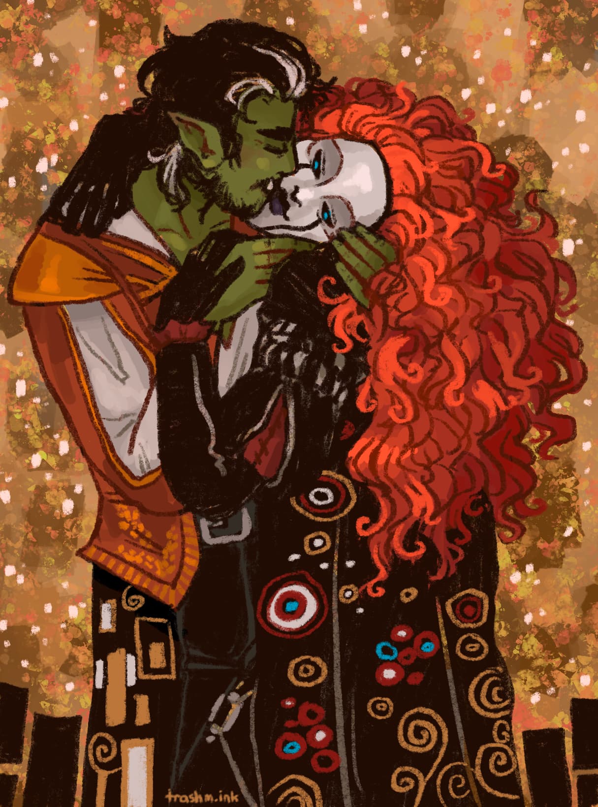 An illustration of Hal and Bolaire from Critical Role campaign 4 embracing, with composition, color scheme, and patterns inspired by Gustav Klimt's "The Kiss"