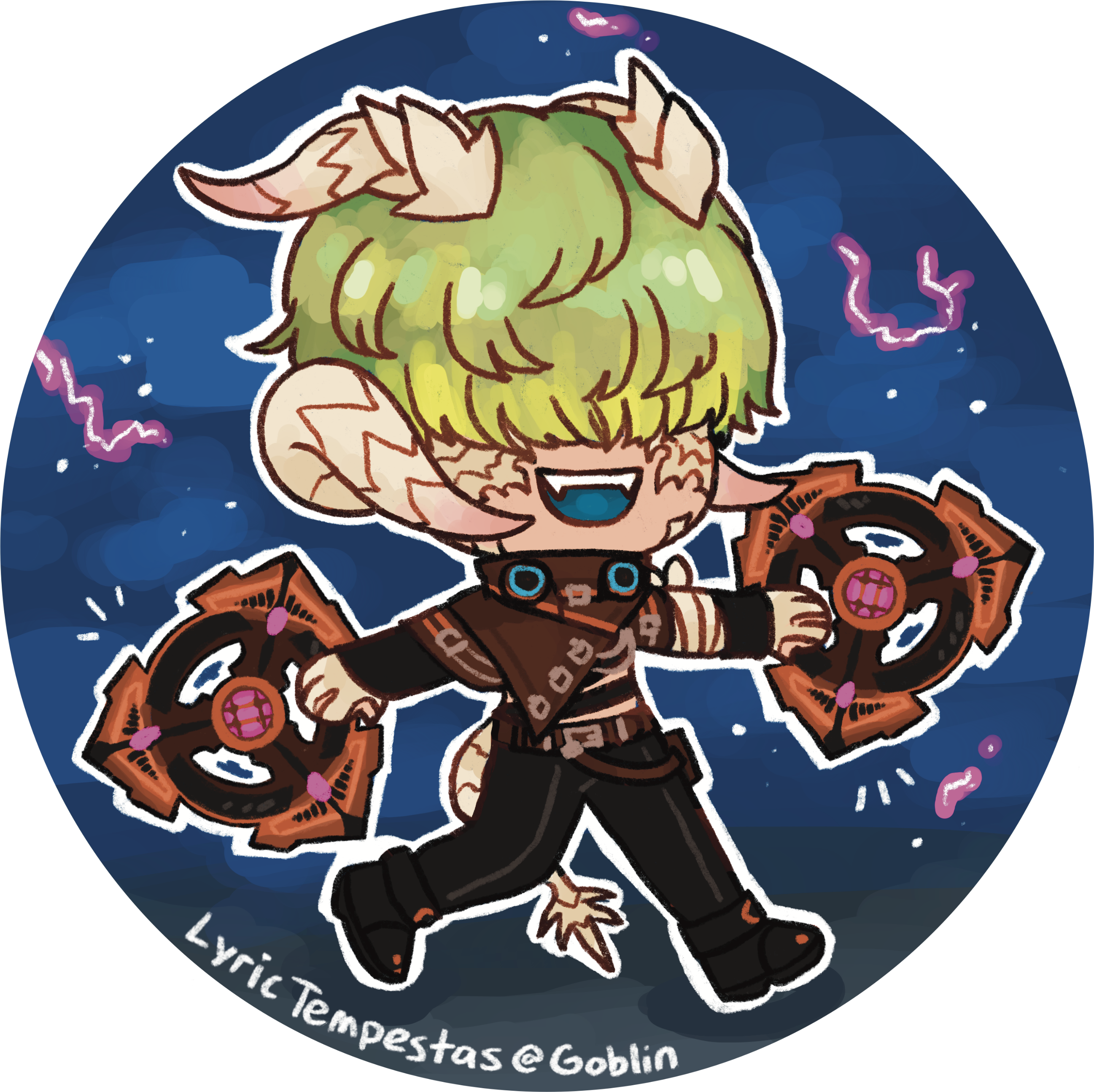 A circular sticker design of an au ra from Final Fantasy XIV with runaway chakrams against a stormy background