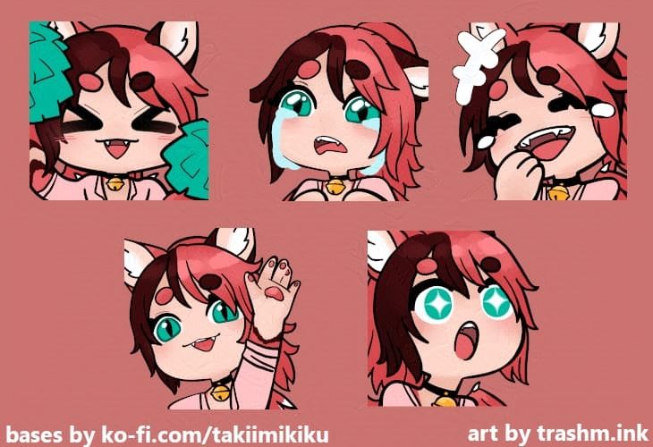 A collection of emotes for an anthropomorphic tressym character. They have pointy cat ears with white tufts, and split brown and pink hair and eyebrows. Their eyes are turquoise with slit pupils, and pink pads on their hands. Their sparrow wings are slightly visible in some emotes.