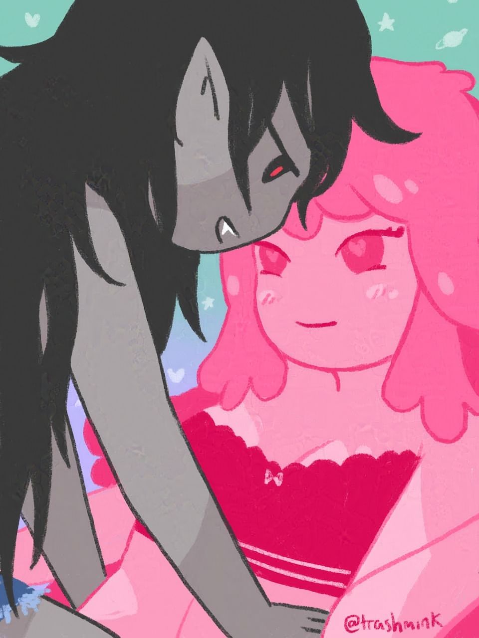 A closeup of Marceline and Princess Bubblegum from Adventure Time, both in casual clothes,, done in a simple style. Marceline is sitting over Bubblegum and staring at her with a smile. Bubblegum is staring up at her with hearts in her eyes.