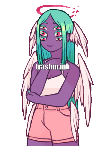 An animated gif of an angel character. They have purple skin, long turquoise hair, and three pairs of pink eyes. The inside of their mouth is turquoise and they have fangs. They have three pairs of white, feathery wings, and a shattered pink halo with floating fragments. They are gazing off to the side, wings flapping gently.
