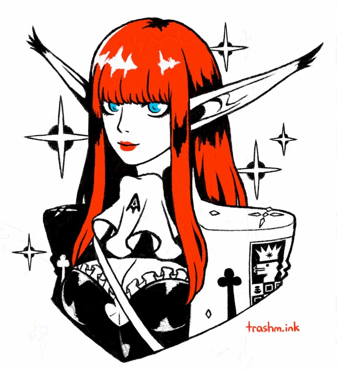 A portrait of Hulkenberg from Metaphor: ReFantazio, an elven woman with long, tufted ears and long red hair, dressed in fancy regalia. She is smiling and looking at the viewer, surrounded by bold sparkles.