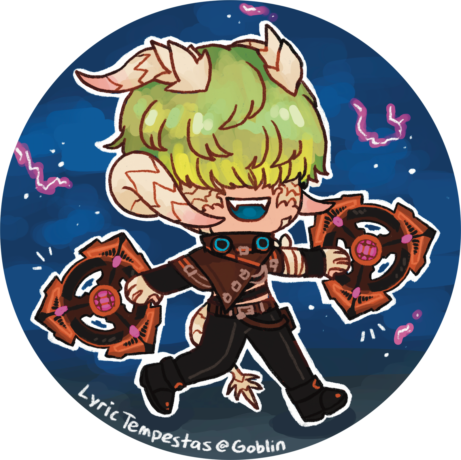 A circular sticker design of an au ra from Final Fantasy XIV with runaway chakrams against a stormy background