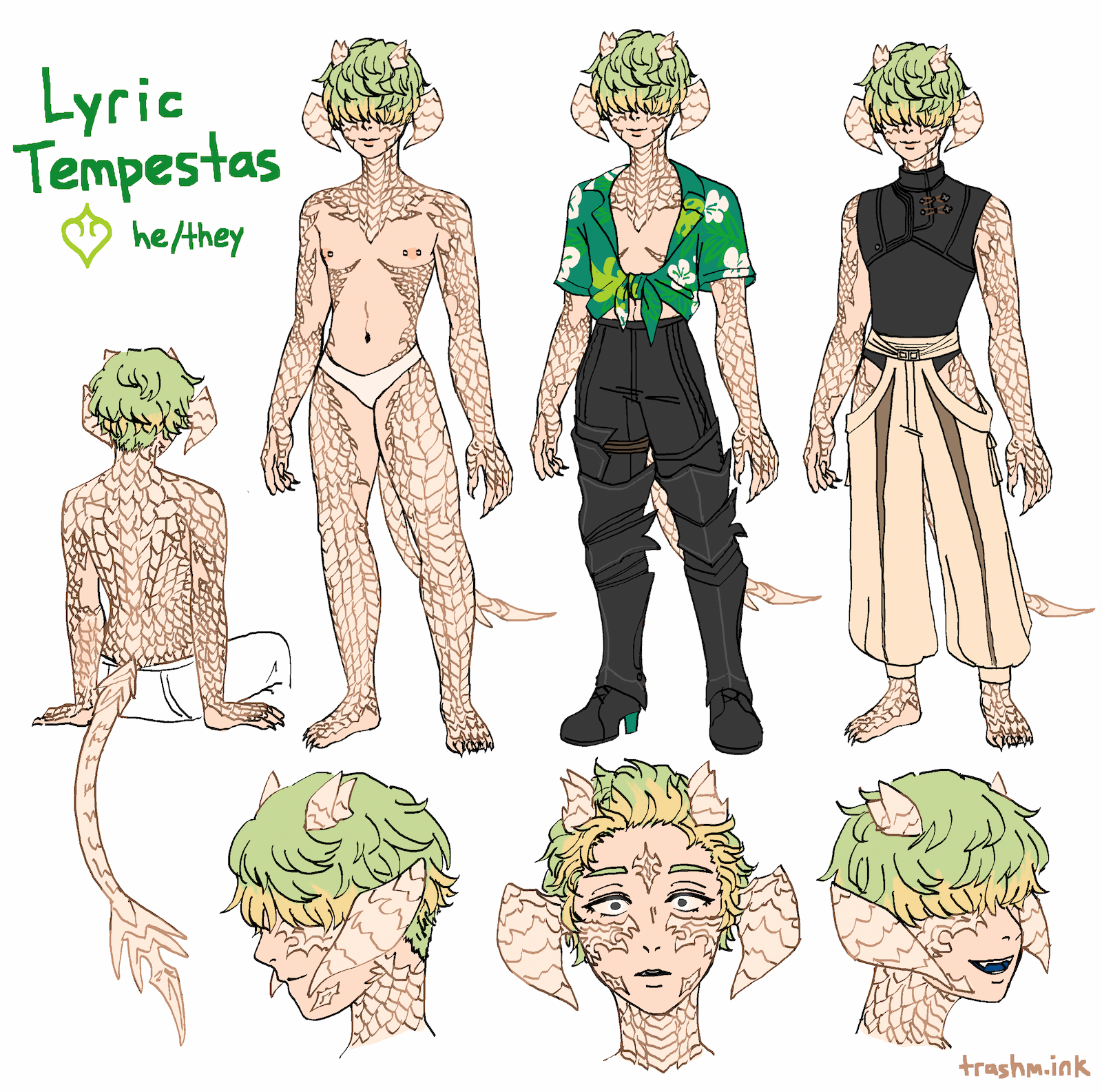 A reference sheet for an au ra dancer named Lyric Tempestas (he/they). He has light green hair with yellow highlights just long enough to cover his eyes with an undercut in the back. He has two sets of horns, one set wide and pincer shaped on the sides of his head and another much smaller set at the top of his head. He has nipple piercings and sharp claws, and scales cover most of his body.
