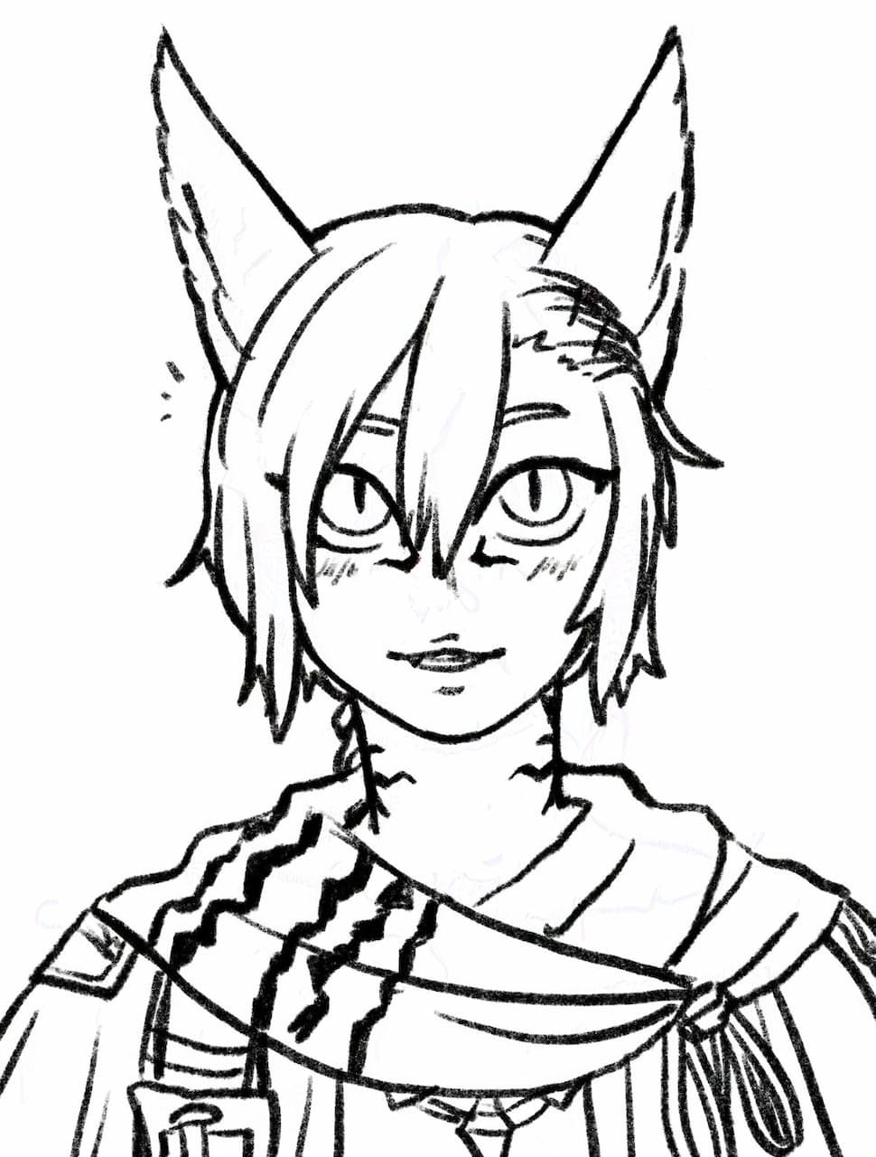 Portrait sketch of G'raha Tia from Final Fantasy XIV in his adventuring gear. He has a happy, slightly flustered expression, staring slightly up out of frame and his cat ears perked almost straight up.
